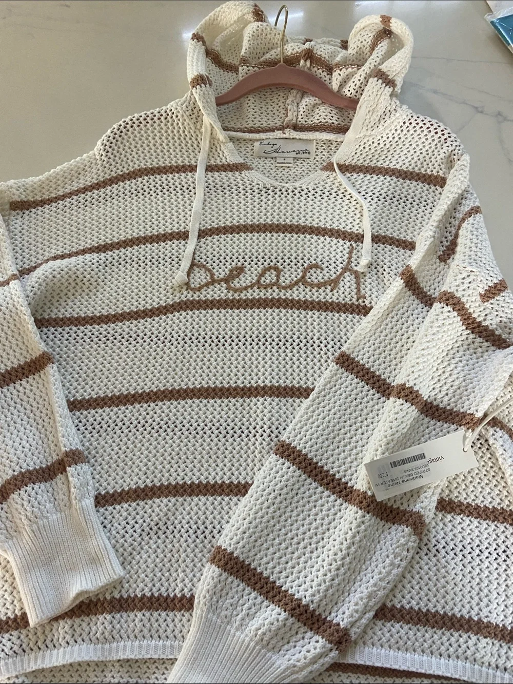 beachlunchlounge Cream & Brown Open-Knit Hoodie Sweater/ slouchy
